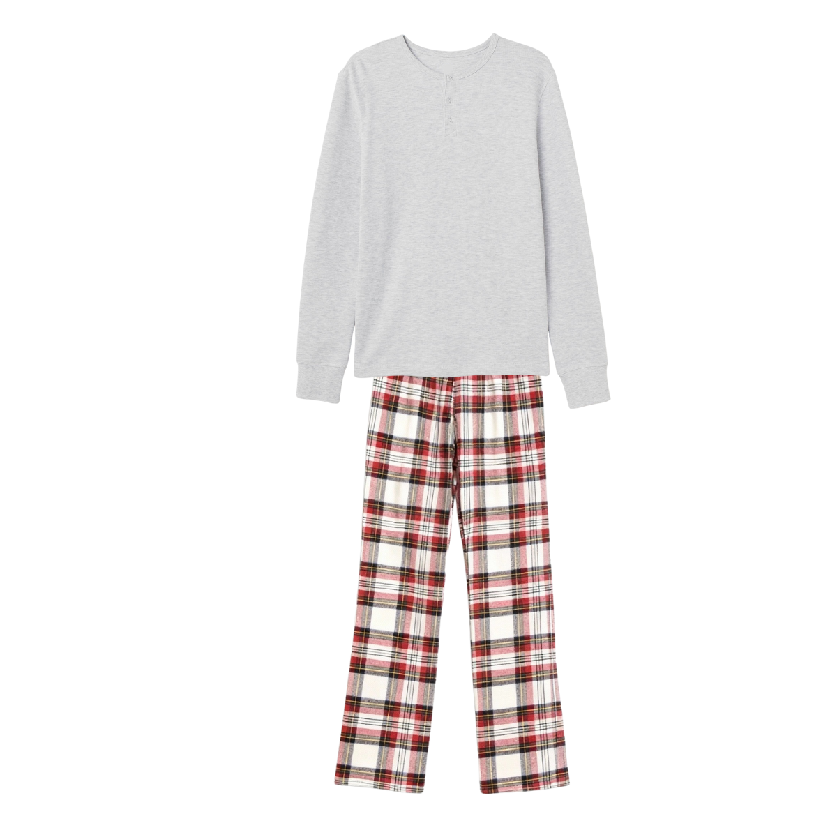 Family Matching Pajama Set – Gray Button-Neck Tee & Red Plaid Pants
