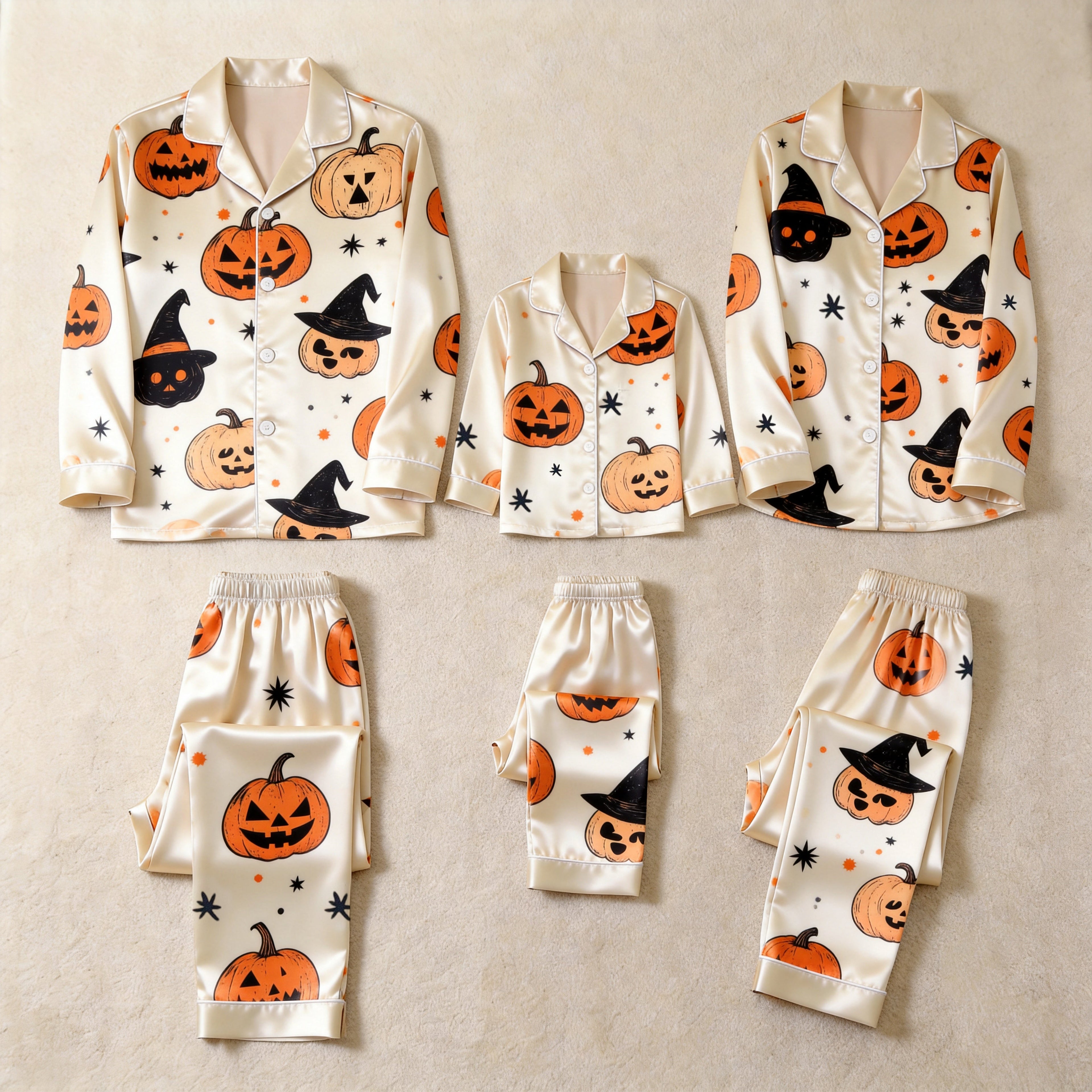 Cream Pumpkin & Witch Hat Print Satin Button-Up Family Halloween Pajamas Set