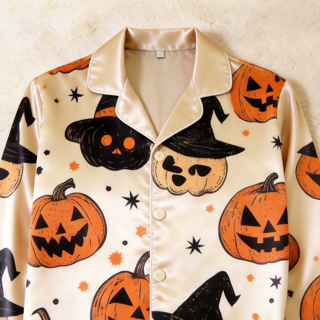 Cream Pumpkin & Witch Hat Print Satin Button-Up Family Halloween Pajamas Set