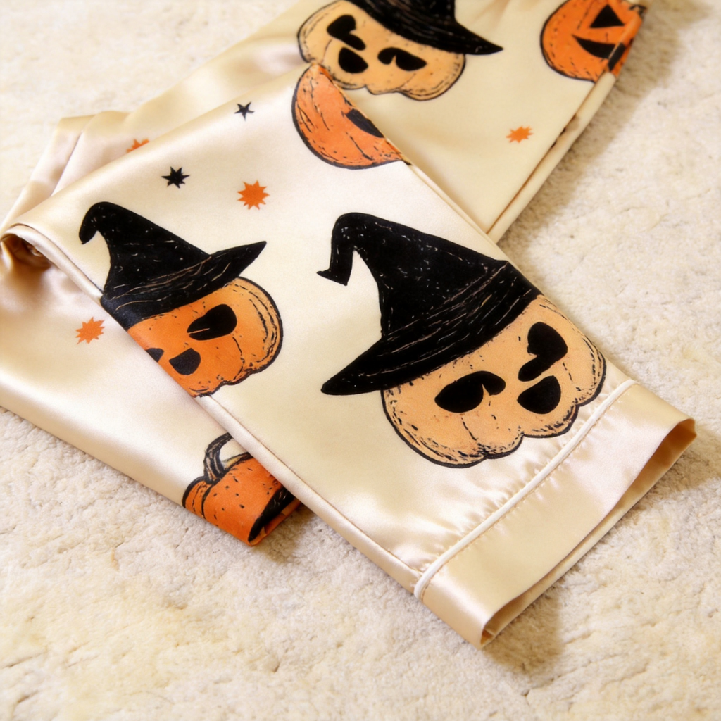 Cream Pumpkin & Witch Hat Print Satin Button-Up Family Halloween Pajamas Set