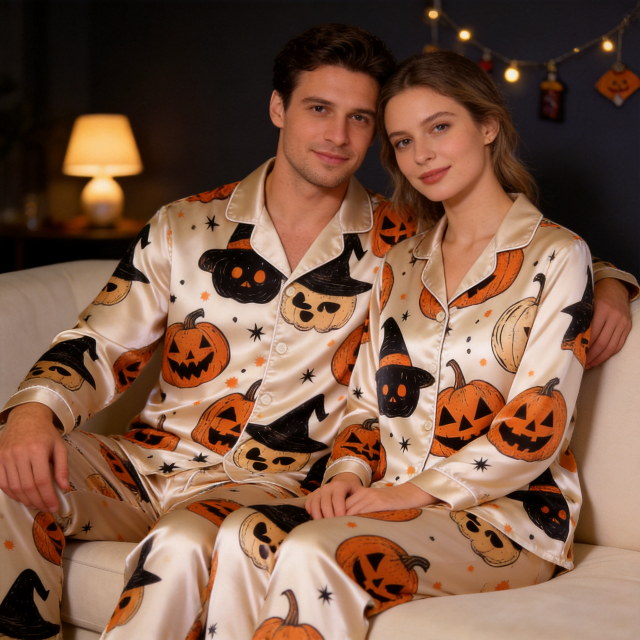 Pumpkin and Witch Hat Satin Matching Pajamas for Couples ¨C Long Sleeve Button-Down Top & Pants Sleepwear Set