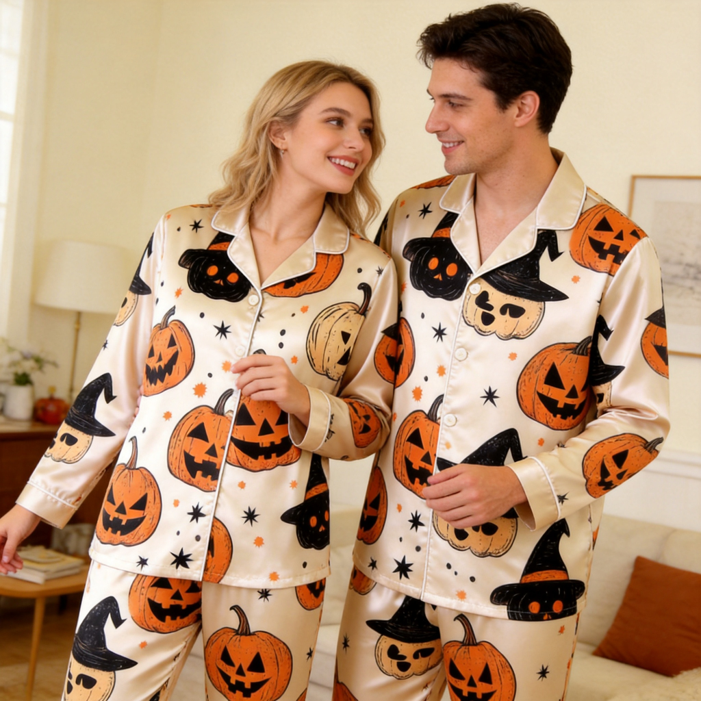 Pumpkin and Witch Hat Satin Matching Pajamas for Couples ¨C Long Sleeve Button-Down Top & Pants Sleepwear Set