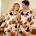 Pumpkin and Witch Hat Satin Matching Pajamas for Couples ¨C Long Sleeve Button-Down Top & Pants Sleepwear Set