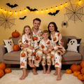 Cream Pumpkin & Witch Hat Print Satin Button-Up Family Halloween Pajamas Set