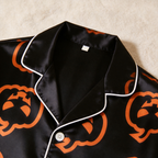 Pumpkin Print Black Satin Matching Pajamas for Couples ¨C Long Sleeve Button-Down Top & Pants Sleepwear Set