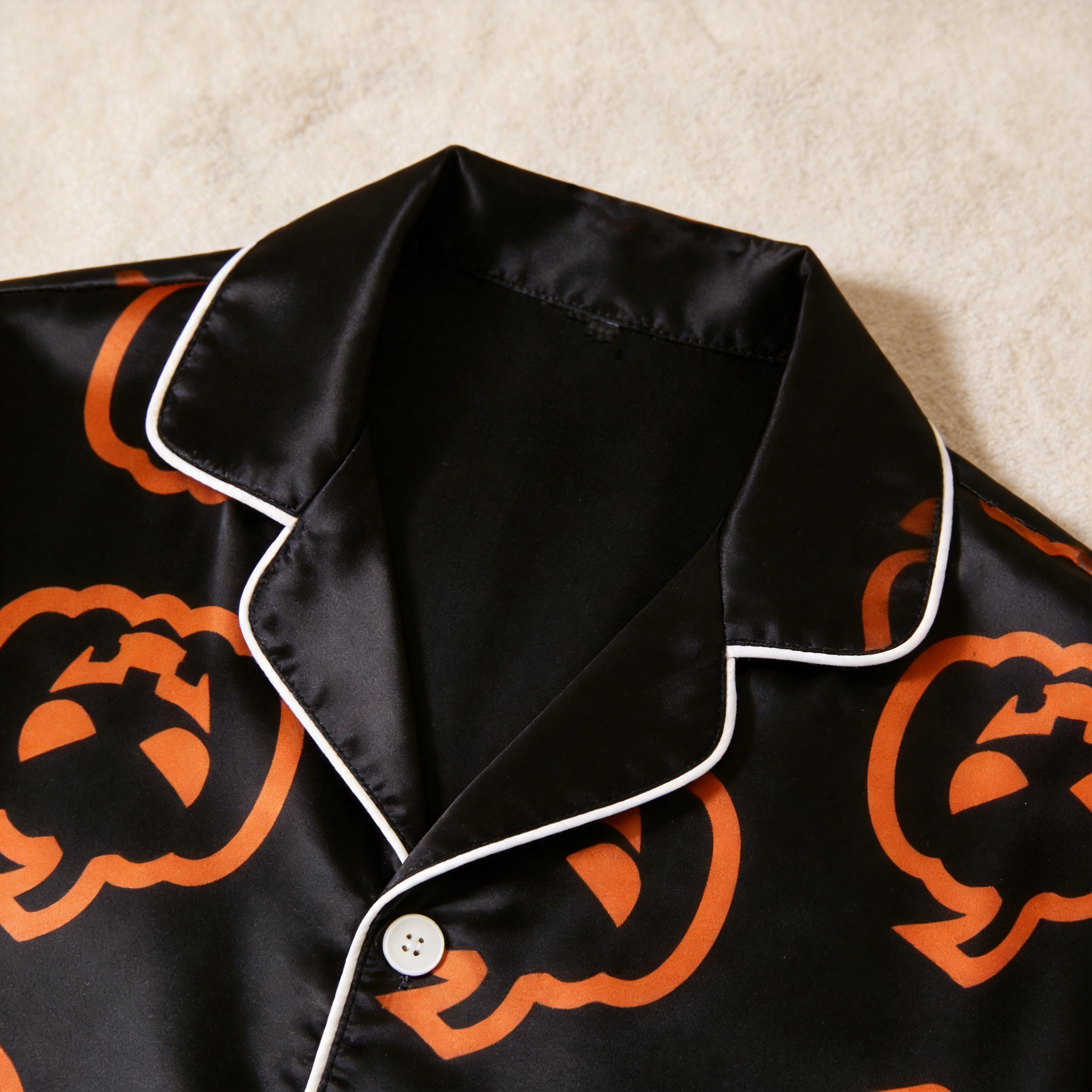 Black Orange Jack-O-Lantern Print Satin Button-Up Family Halloween Pajamas Set