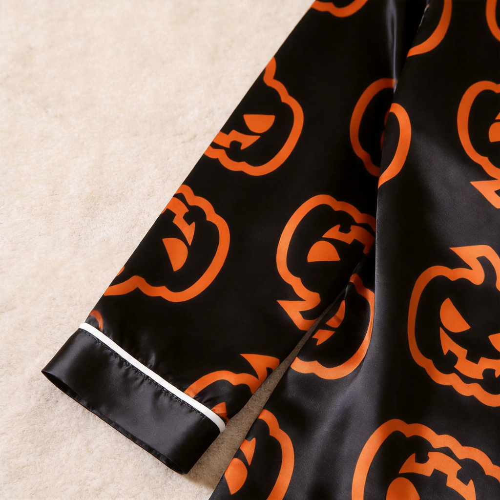 Black Orange Jack-O-Lantern Print Satin Button-Up Family Halloween Pajamas Set