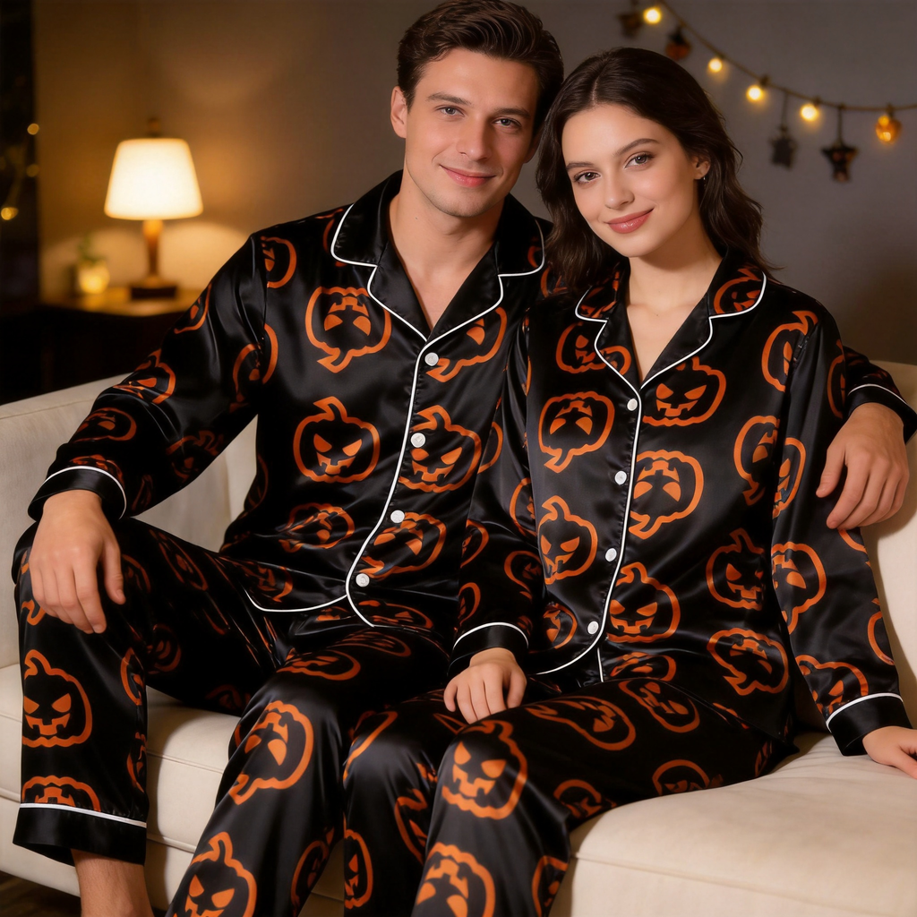 Pumpkin Print Black Satin Matching Pajamas for Couples ¨C Long Sleeve Button-Down Top & Pants Sleepwear Set