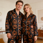 Pumpkin Print Black Satin Matching Pajamas for Couples ¨C Long Sleeve Button-Down Top & Pants Sleepwear Set