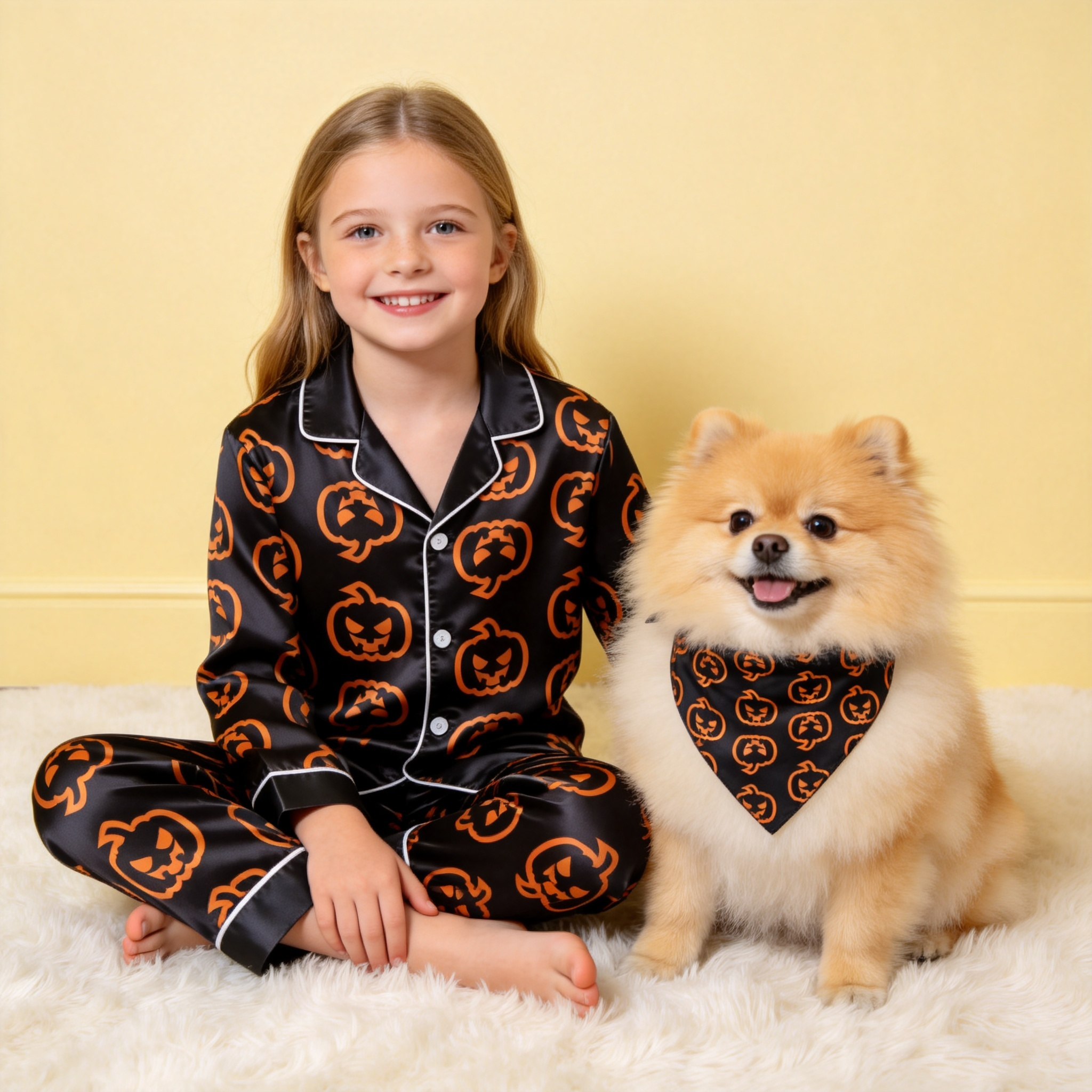 Black Orange Jack-O-Lantern Print Satin Button-Up Family Halloween Pajamas Set