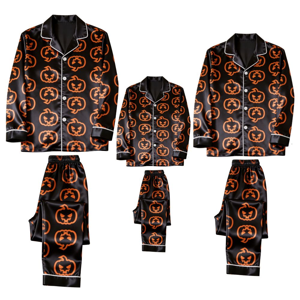 Black Orange Jack-O-Lantern Print Satin Button-Up Family Halloween Pajamas Set