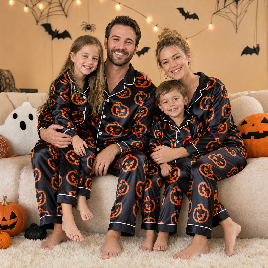 Black Orange Jack-O-Lantern Print Satin Button-Up Family Halloween Pajamas Set