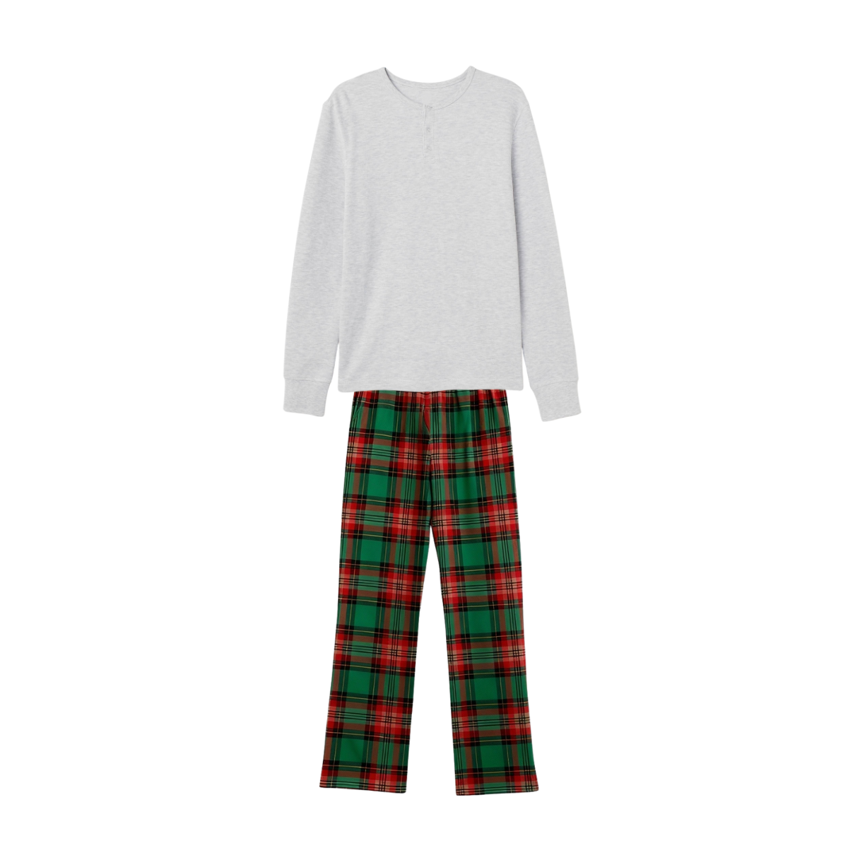 Couple Pajama Set – Gray Button-Neck Tee & Green Plaid Pants