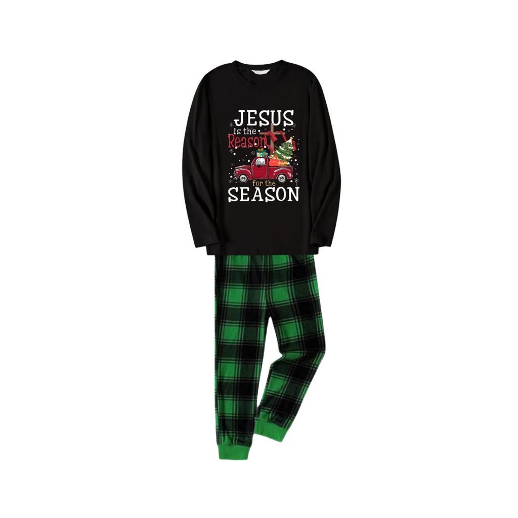Black Top and Green Plaid Pants Christmas Pajamas Set With "Jesus is the Reason for the Season" Text Print