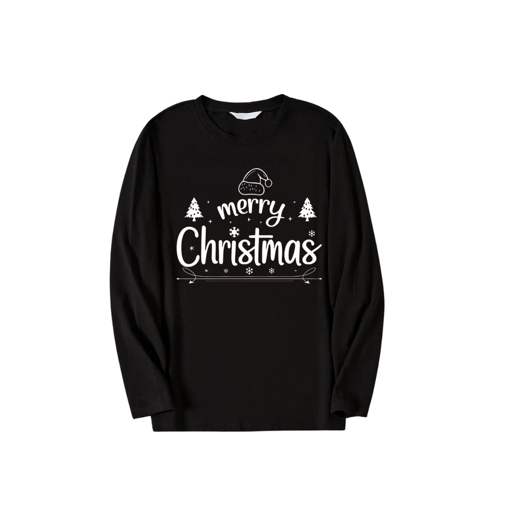 "Merry Christmas" White Letter 2025 Black Long Sleeve Top with Black And Green Plaid Pants Family Matching Pajamas