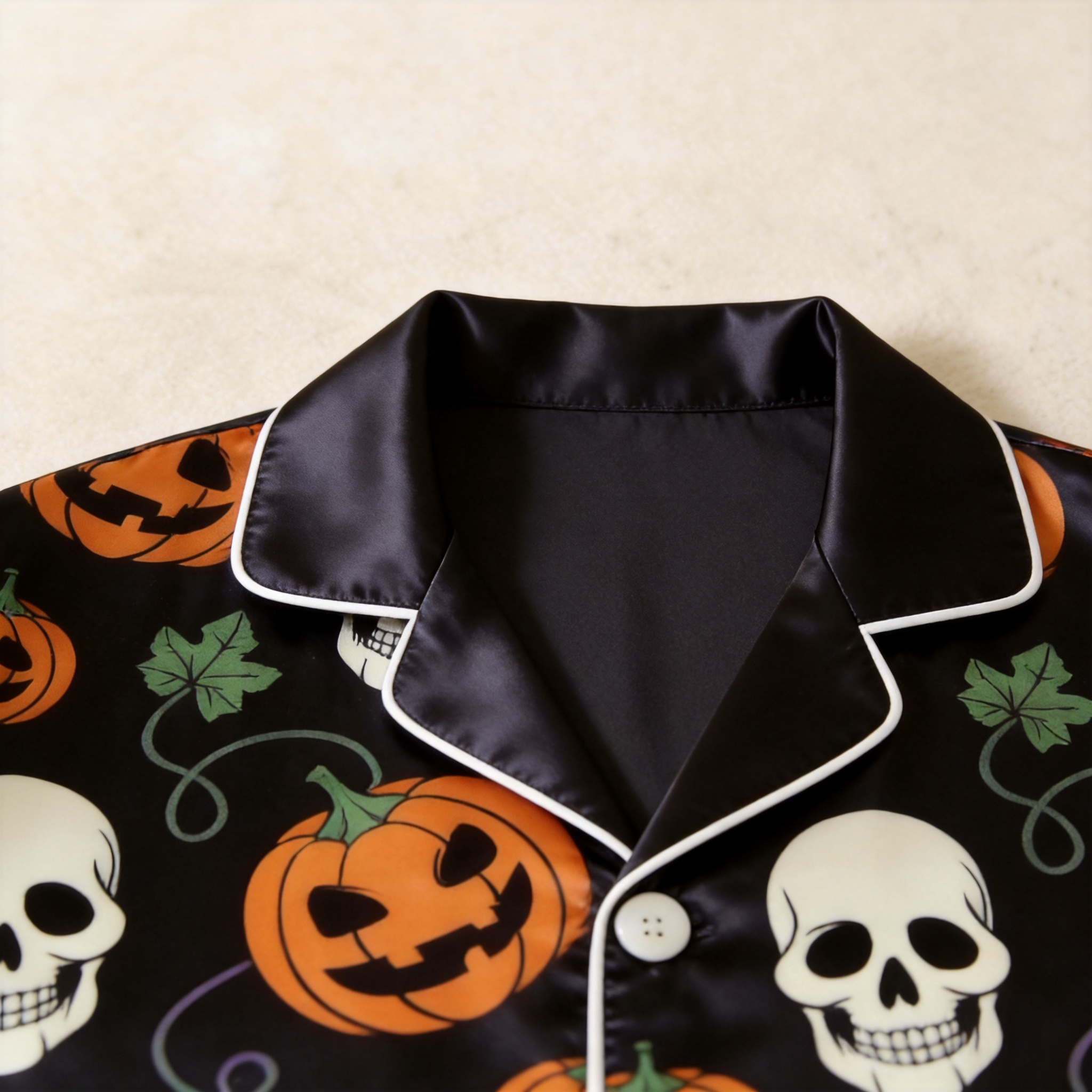 Black Skull & Pumpkin Print Satin Button-Up Family Halloween Pajamas Set