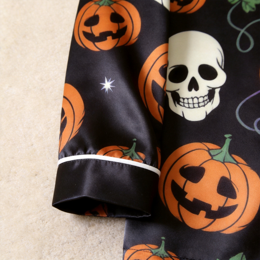 Black Skull & Pumpkin Print Satin Button-Up Family Halloween Pajamas Set