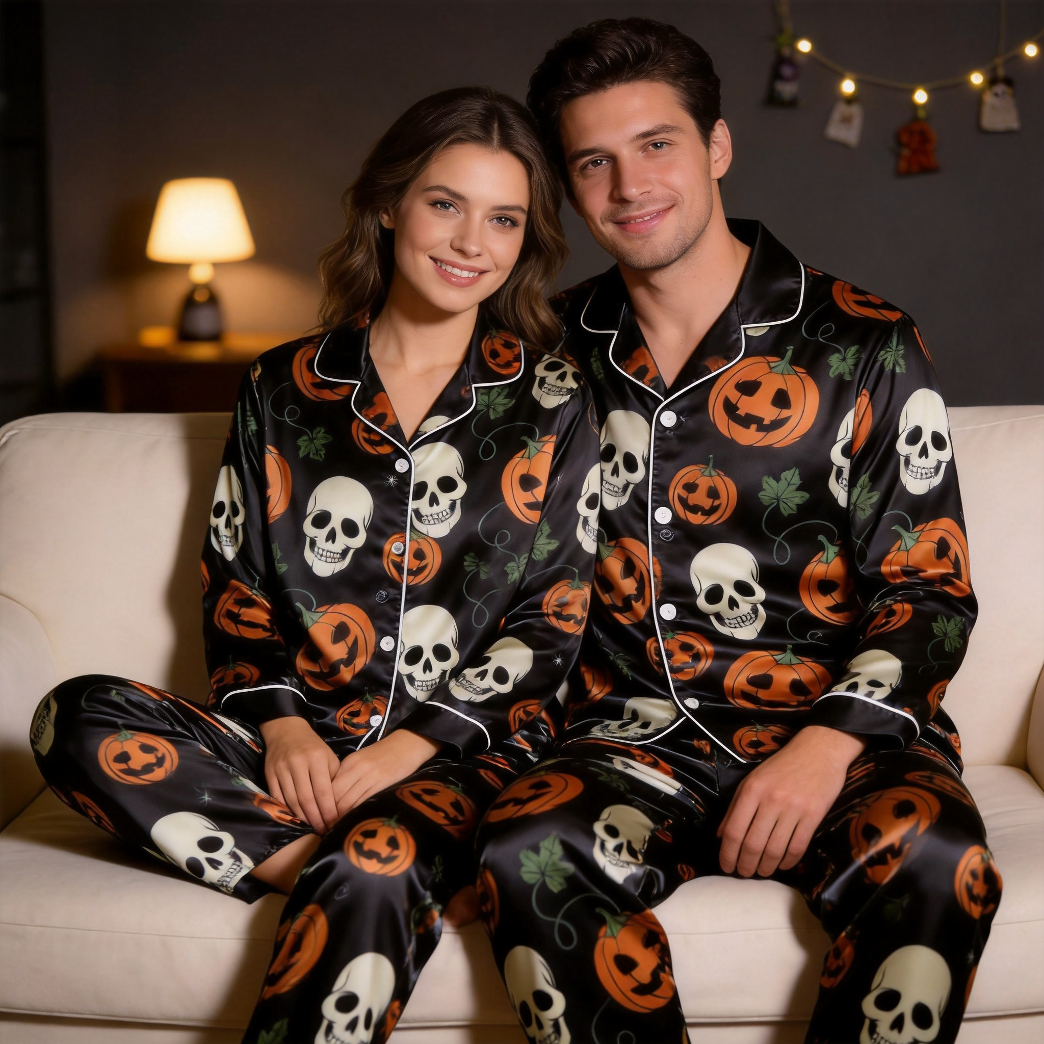 Pumpkin and Skull Print Satin Matching Pajamas for Couples ¨C Long Sleeve Button-Down Top & Pants Sleepwear Set