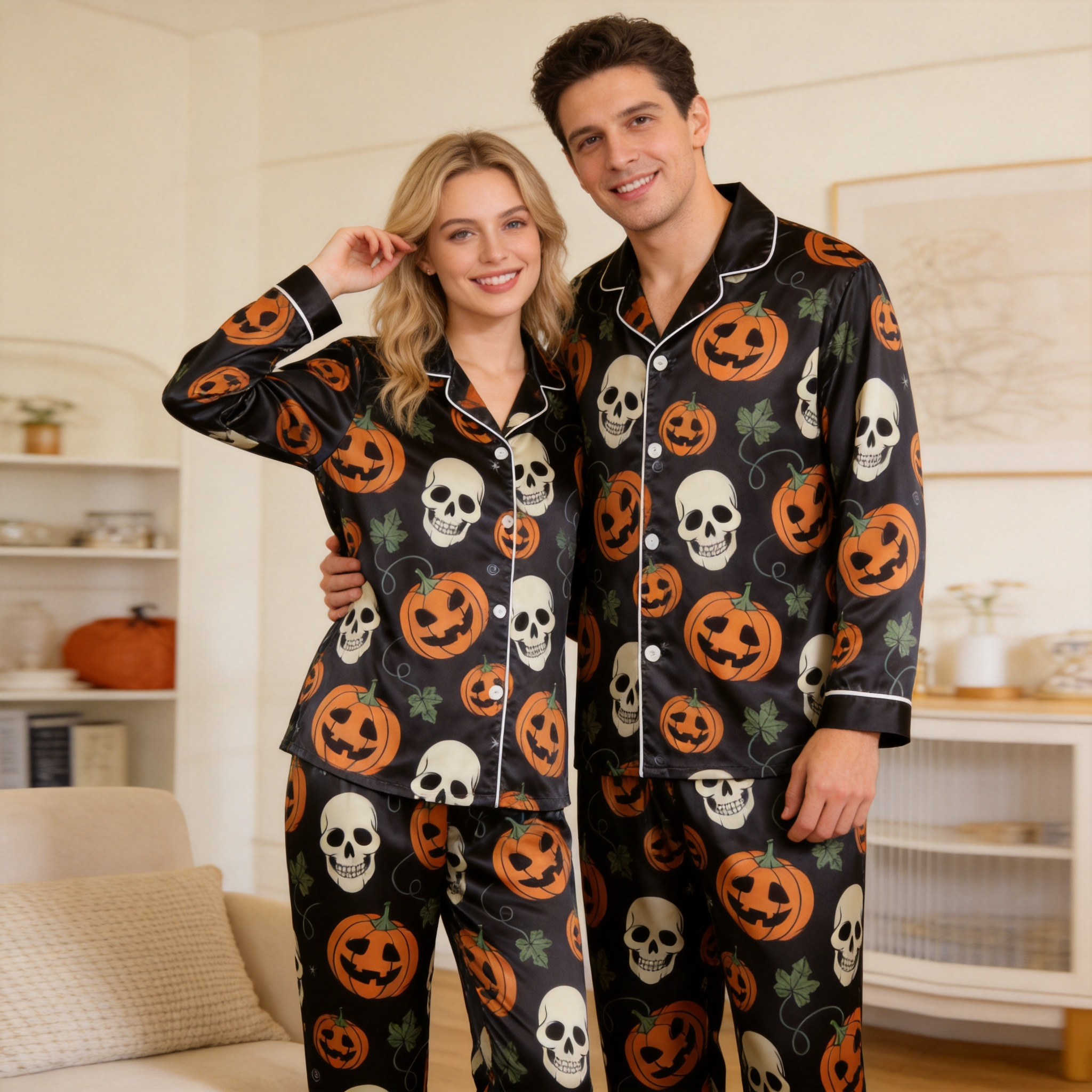 Pumpkin and Skull Print Satin Matching Pajamas for Couples ¨C Long Sleeve Button-Down Top & Pants Sleepwear Set