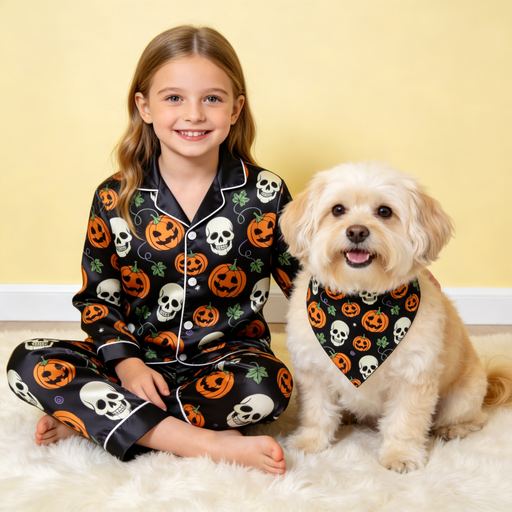 Black Skull & Pumpkin Print Satin Button-Up Family Halloween Pajamas Set