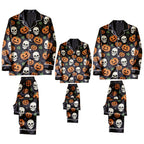 Black Skull & Pumpkin Print Satin Button-Up Family Halloween Pajamas Set