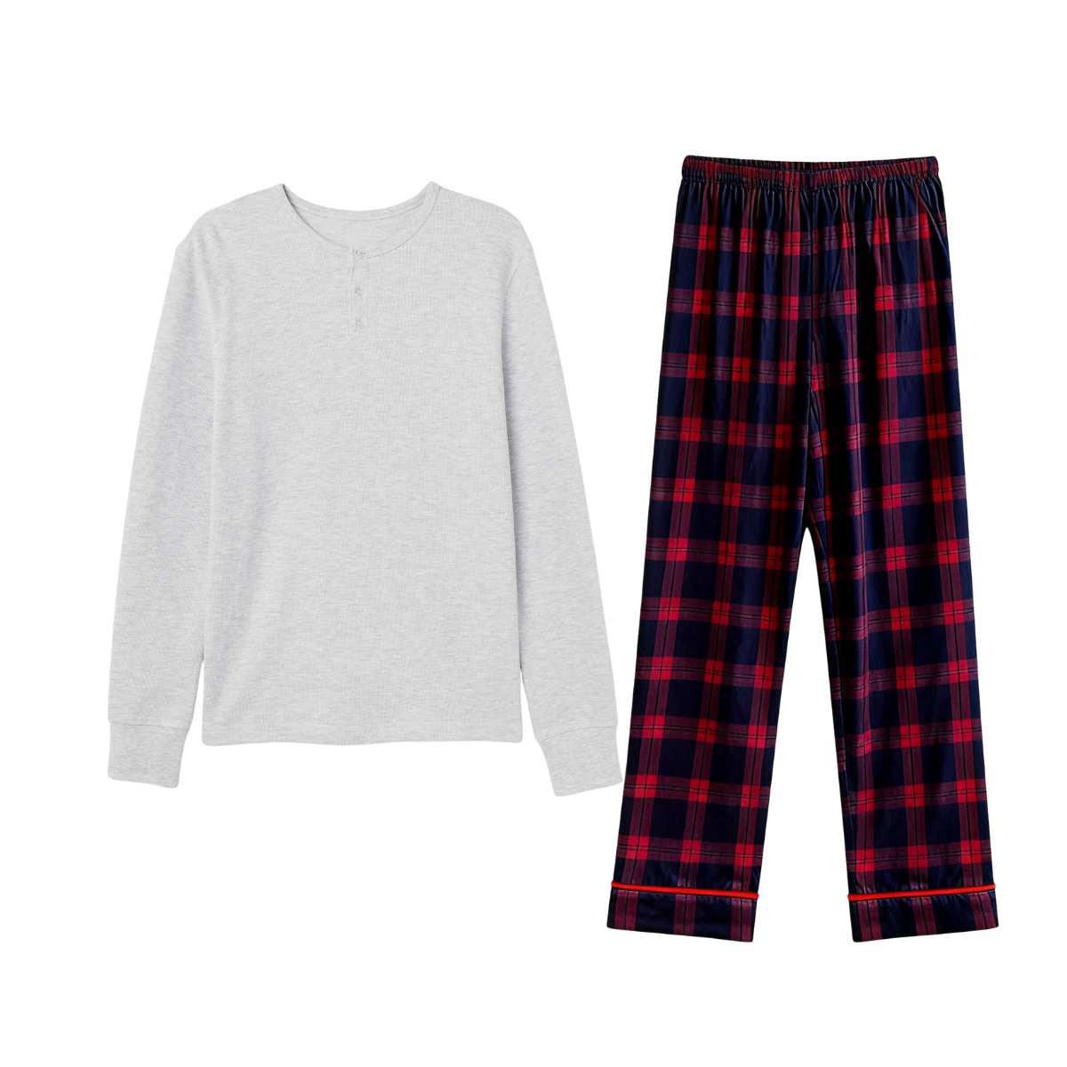 Holiday Pajamas Set for Whole Family –  Button-Front Gray Tee with Red Blue Plaid Pants