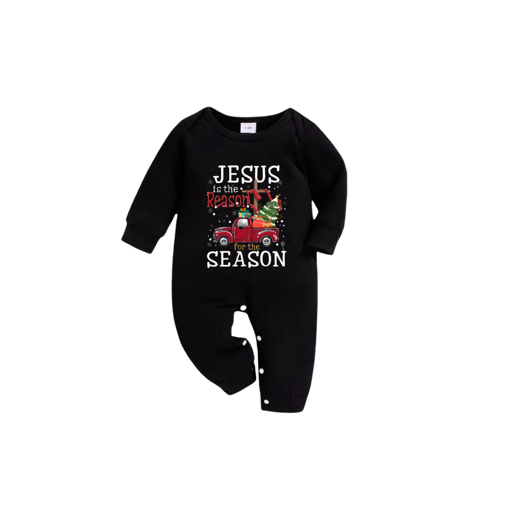 Black Top and Green Plaid Pants Christmas Pajamas Set With "Jesus is the Reason for the Season" Text Print