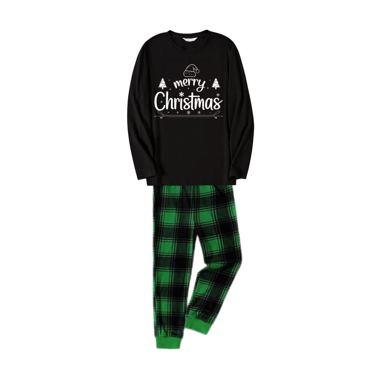 "Merry Christmas" White Letter 2026 Black Long Sleeve Top with Black And Green Plaid Pants Family Matching Pajamas
