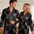 Halloween Spider Web Black Satin Matching Pajamas for Couples ¨C Long Sleeve Button-Down Top & Pants Sleepwear Set