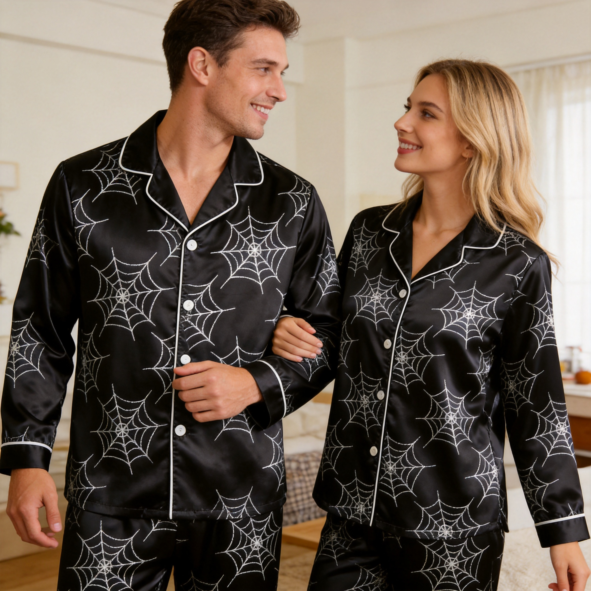 Halloween Spider Web Black Satin Matching Pajamas for Couples ¨C Long Sleeve Button-Down Top & Pants Sleepwear Set