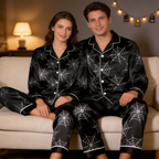 Halloween Spider Web Black Satin Matching Pajamas for Couples ¨C Long Sleeve Button-Down Top & Pants Sleepwear Set