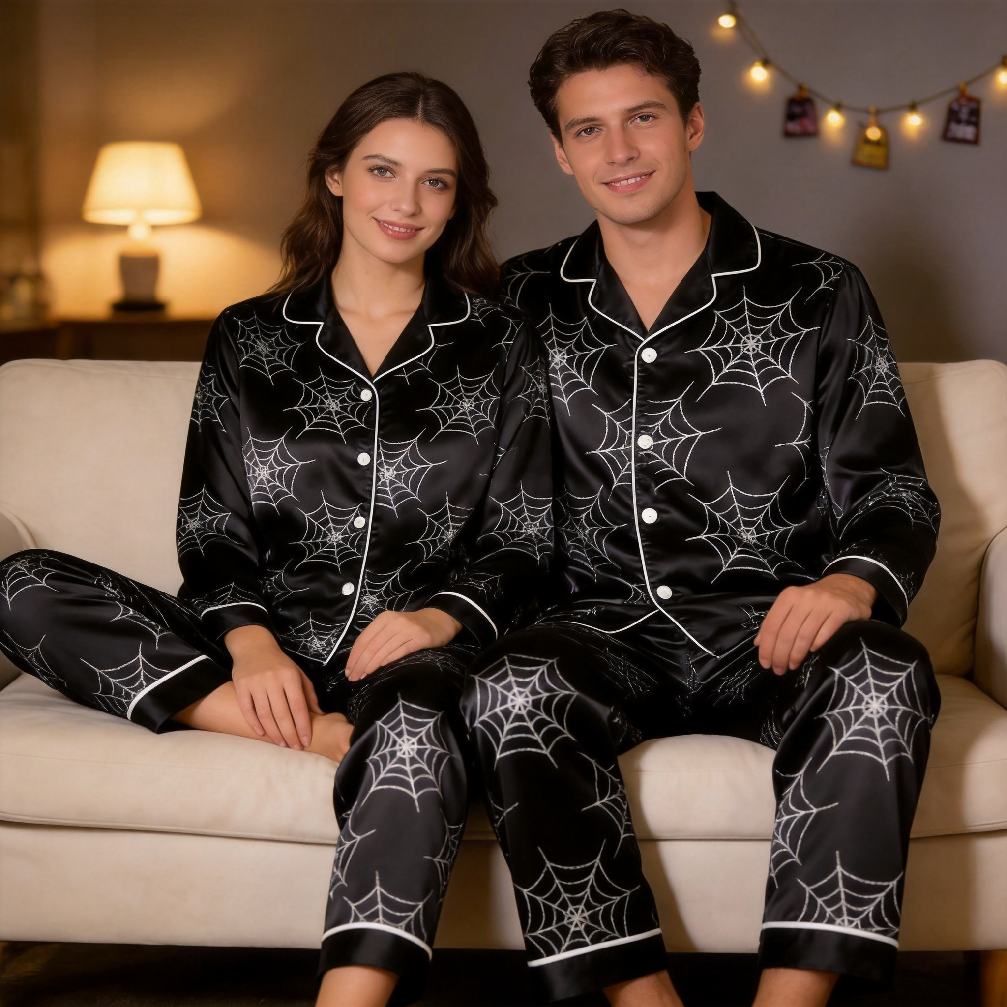 Halloween Spider Web Black Satin Matching Pajamas for Couples ¨C Long Sleeve Button-Down Top & Pants Sleepwear Set