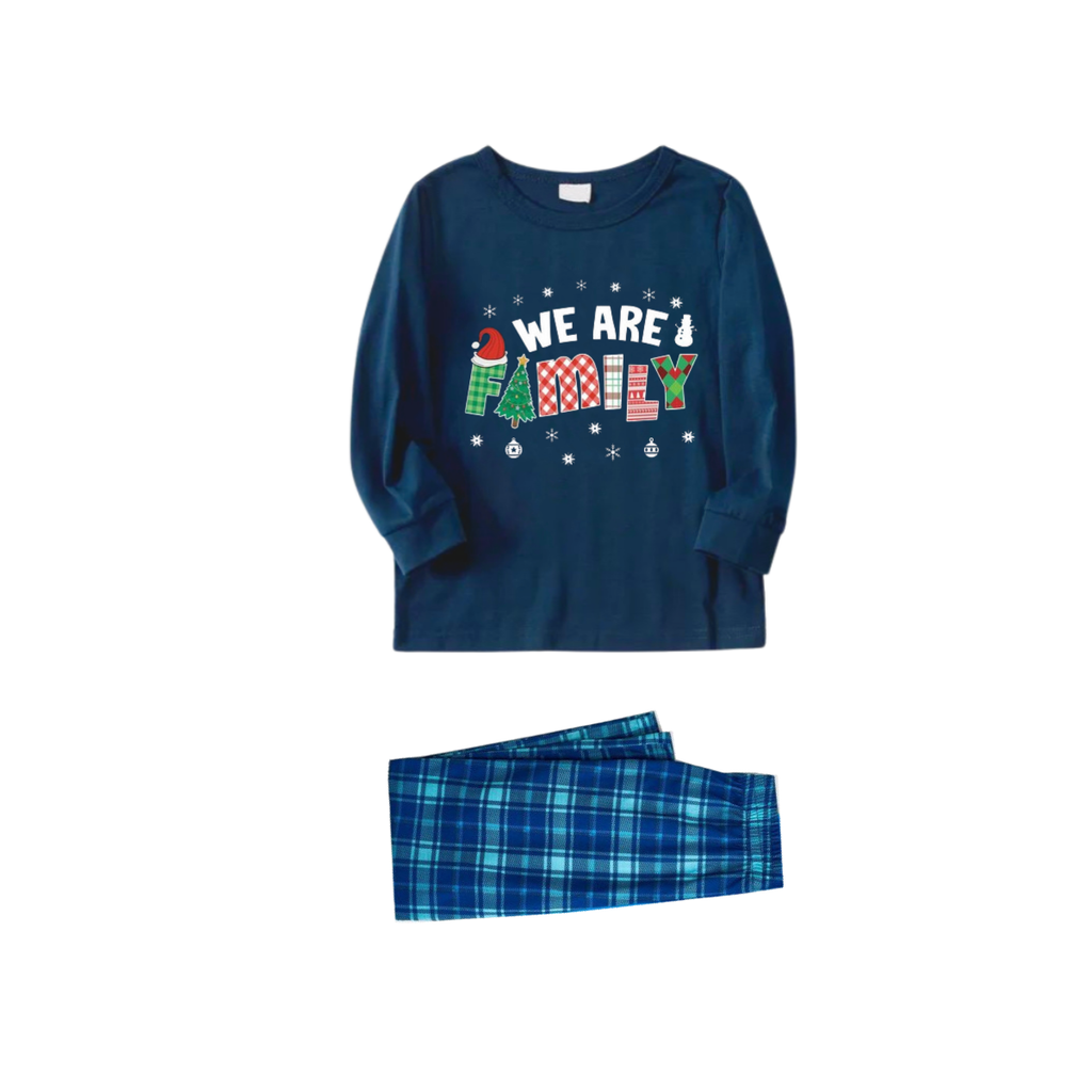 Cute "We are Family" Print Blue Long Sleeve Top With Blue Plaid Family Matching Pajamas