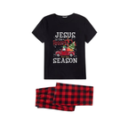 Red and Black Plaid Short Sleeve Christmas Pajamas Set With "Jesus is the Reason for the Season" Text Print