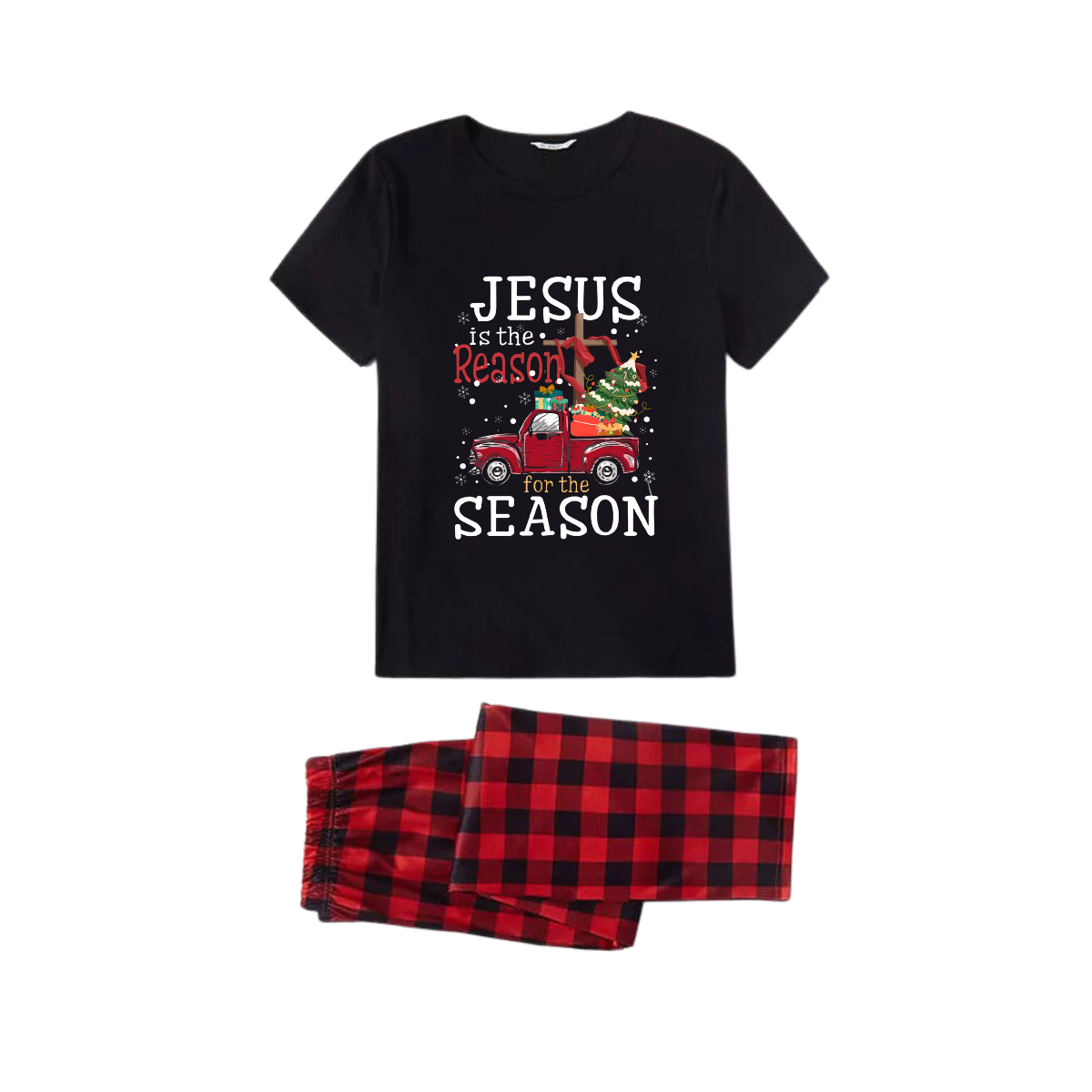 Red and Black Plaid Short Sleeve Christmas Pajamas Set With "Jesus is the Reason for the Season" Text Print
