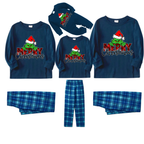 "Merry Christmas" Letter Print 2026 Green Elf Cartoon Pattern Blue Long Sleeve Top With Blue Plaid Family Matching Pajamas
