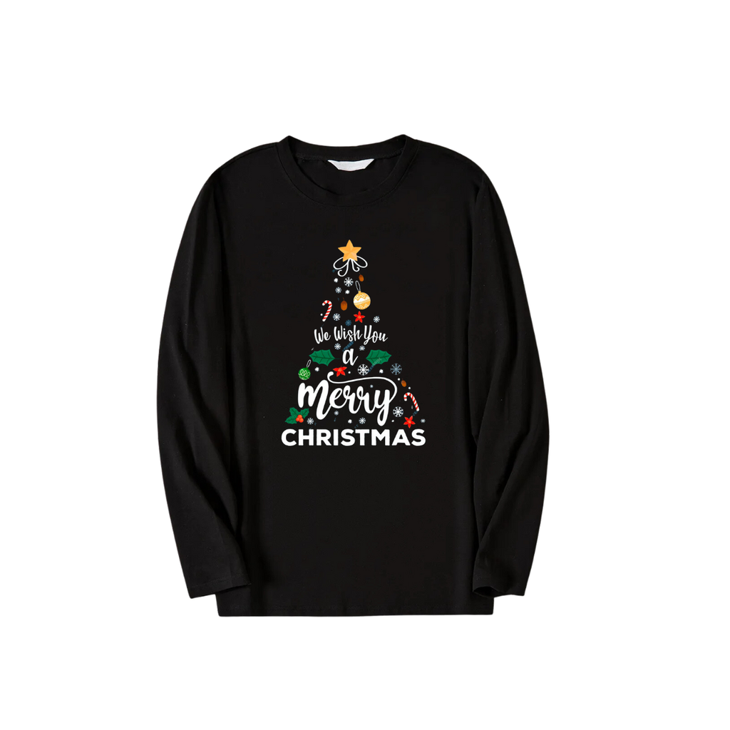 "We Wish You a Merry Christmas" Printed Pattern Black Long Sleeve Top with Black & Green Plaid Pants Couple Matching Pajamas