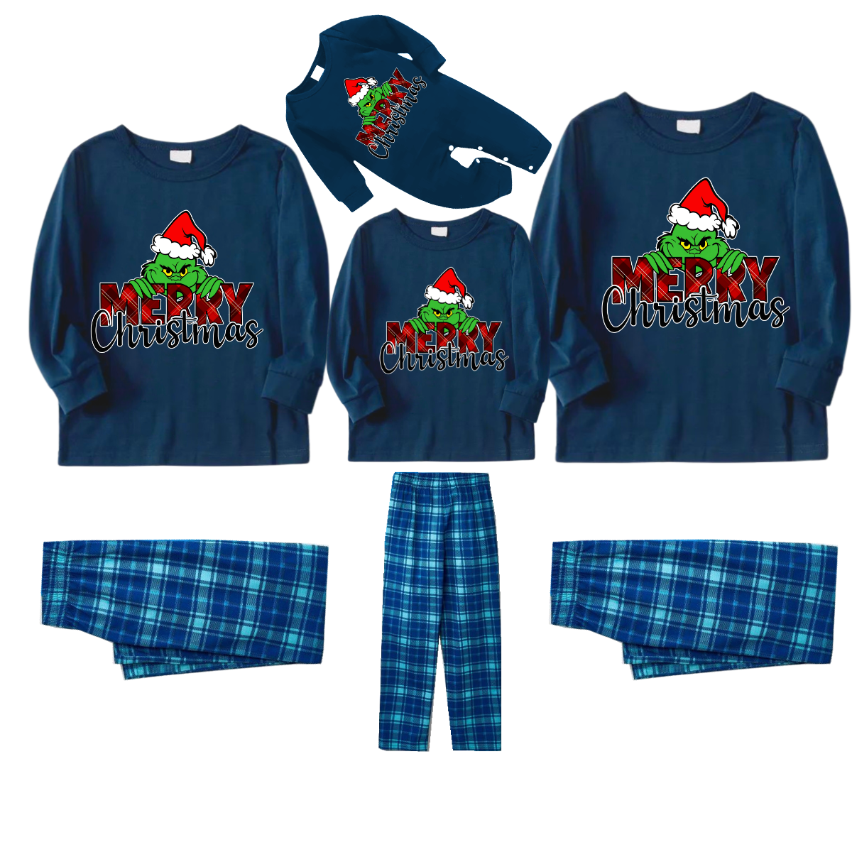 "Merry Christmas" Letter Print 2025 Green Elf Cartoon Pattern Blue Long Sleeve Top With Blue Plaid Family Matching Pajamas