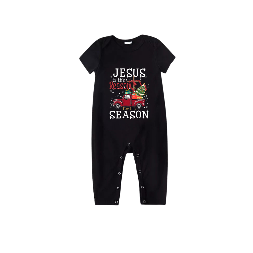 Red and Black Plaid Short Sleeve Christmas Pajamas Set With "Jesus is the Reason for the Season" Text Print
