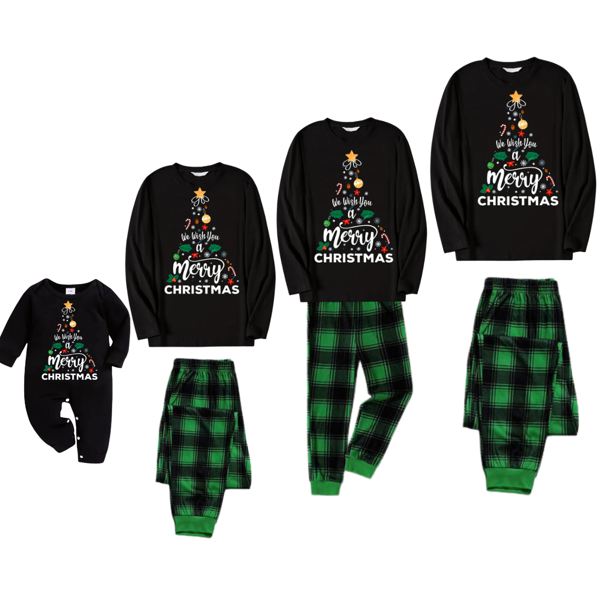 "We Wish You a Merry Christmas" Printed Black & Green Plaid Pants Family Matching Pajamas