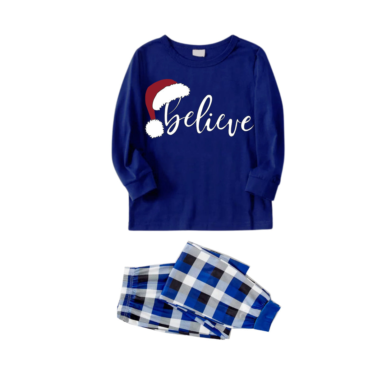 Couple Blue Plaid Pajamas With "Believe" Text Print