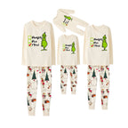 Beige Christmas Pattern Print Christmas Pajamas Set With Grinch and Funny Text Print
