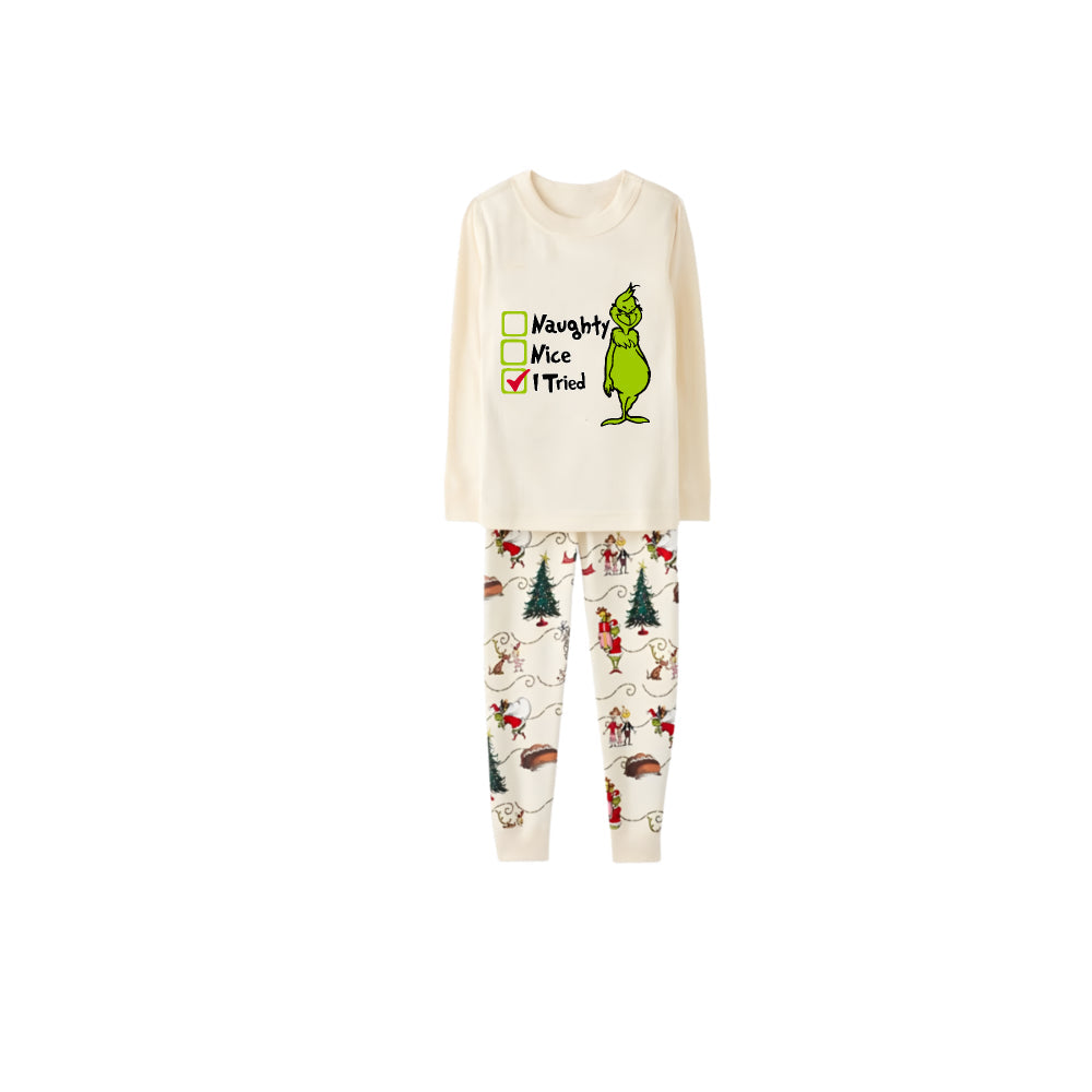 Beige Christmas Pattern Print Christmas Pajamas Set With Grinch and Funny Text Print