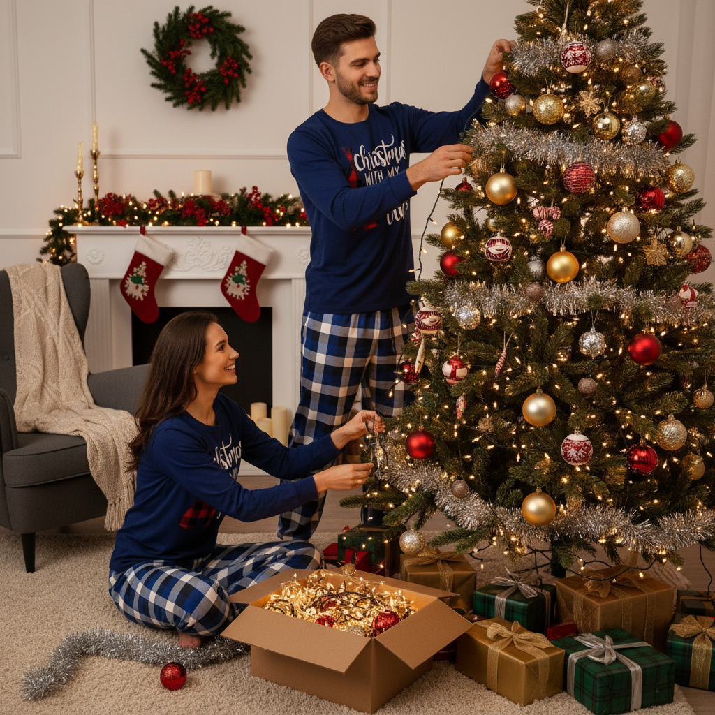 "Christmas With My Tribe"  Pattern Blue Long Sleeves with Blue&White&Black Plaid Pants Couple Matching Pajamas
