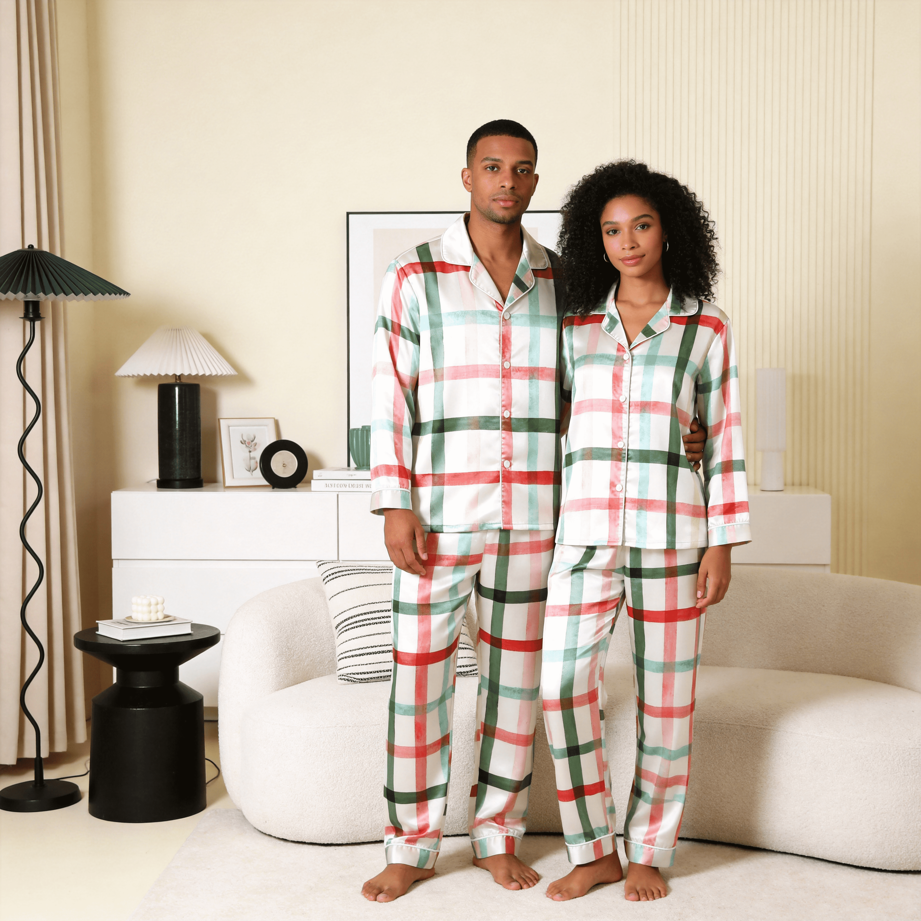 Watercolor Plaid Satin Matching Pajamas for Couples – Long Sleeve Button-Down Top & Pants Sleepwear Set