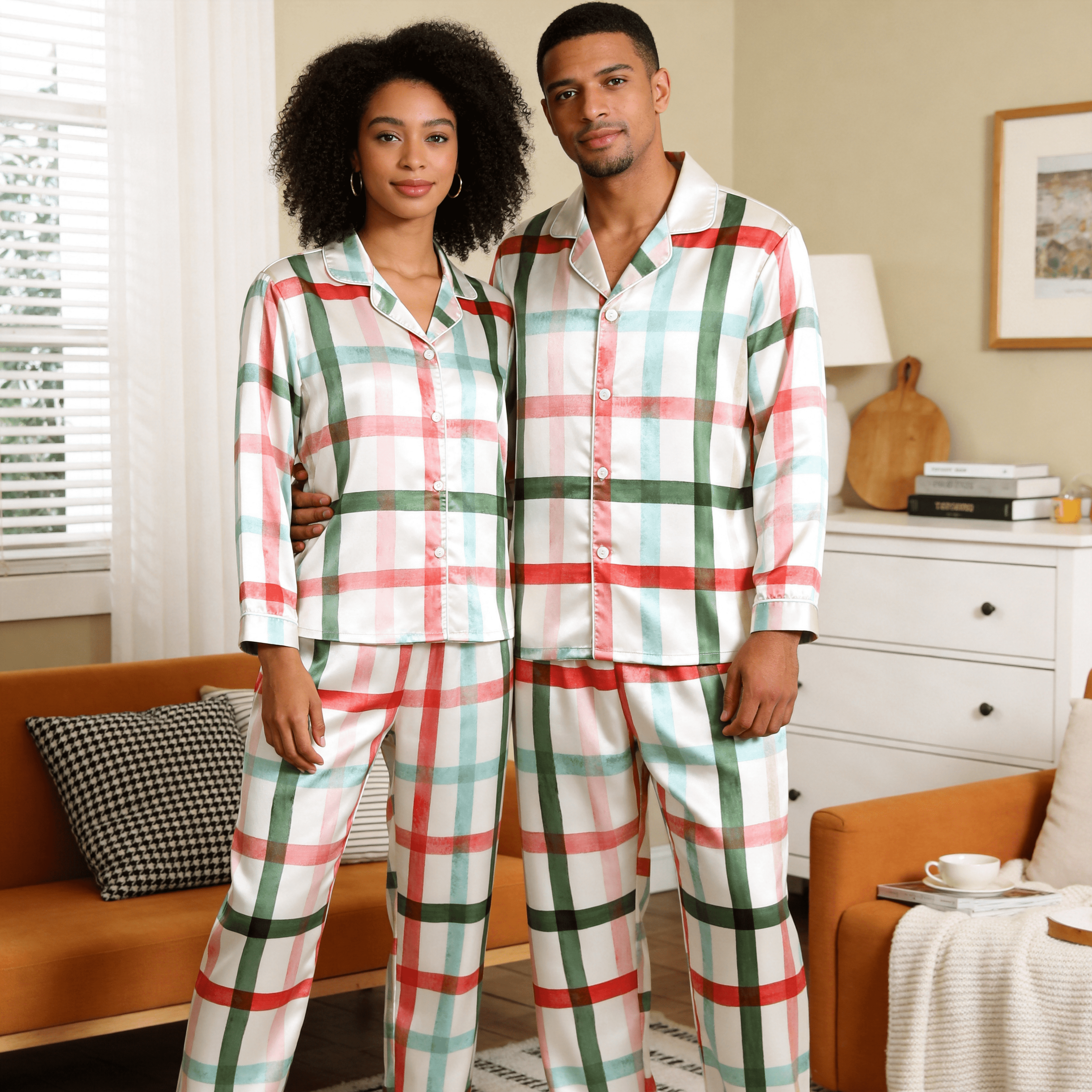 Watercolor Plaid Satin Matching Pajamas for Couples – Long Sleeve Button-Down Top & Pants Sleepwear Set