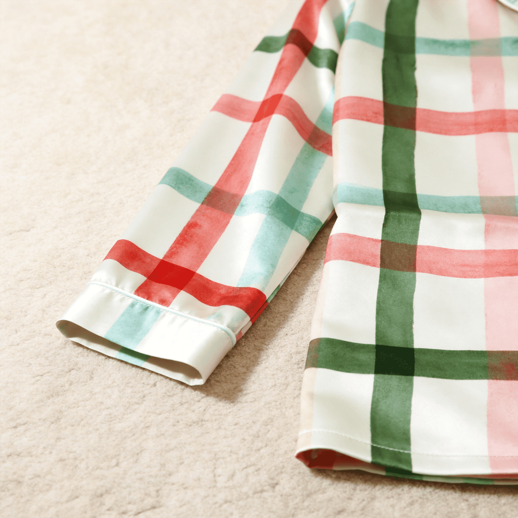 Watercolor Plaid Satin Matching Pajamas for Couples – Long Sleeve Button-Down Top & Pants Sleepwear Set