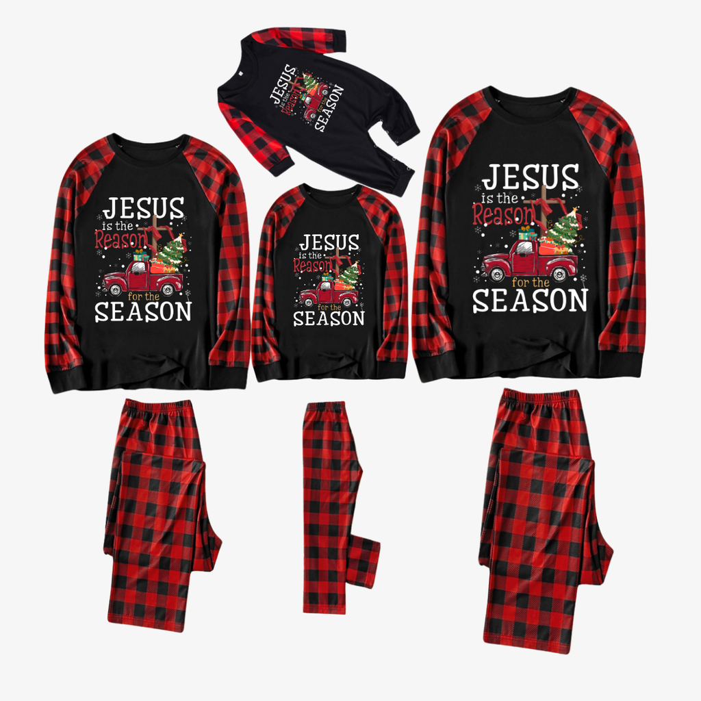 Red and Black Plaid Christmas Pajamas Set With "Jesus is the Reason for the Season" Text Print