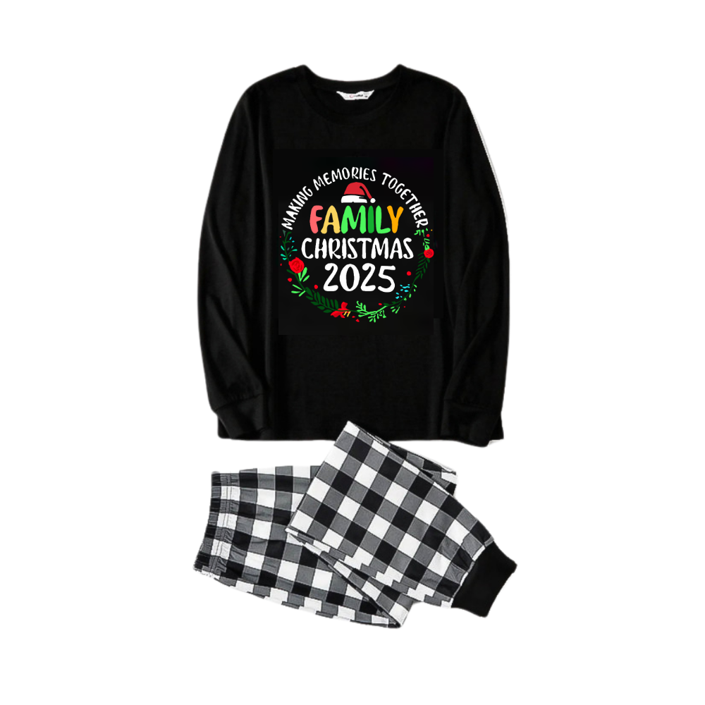 "Family Christmas 2025 Making Memories Together" Text Print Black and White Plaid Family Matching Pajamas