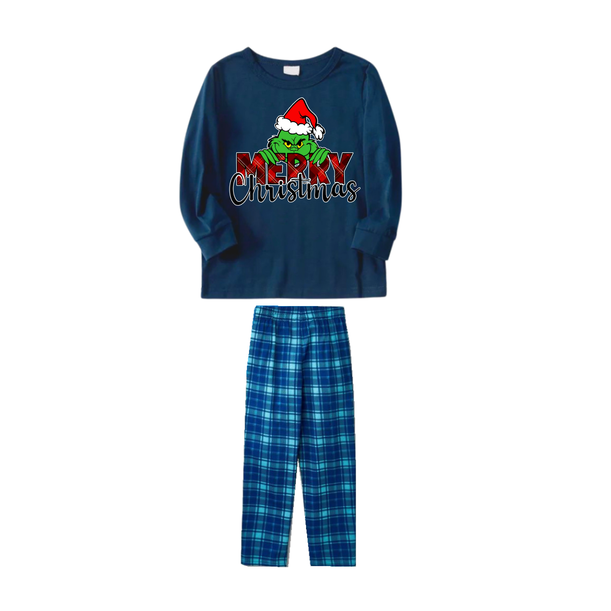 "Merry Christmas" Letter Print 2025 Green Elf Cartoon Pattern Blue Long Sleeve Top With Blue Plaid Family Matching Pajamas